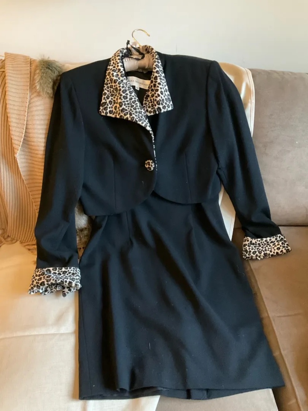 Black Women's Suit Jacket with Leopard Trim